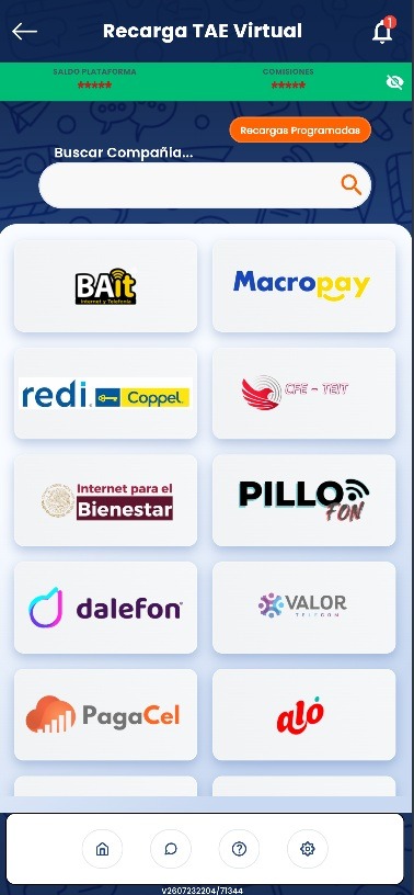 Pantalla de Linntae con el catálogo de compañías para recargas